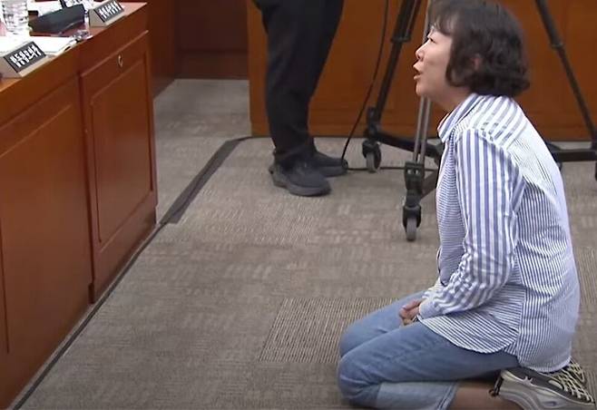 지난해 10월24일 국회 국방위원회 국정감사장에서 접경지역 소음 피해를 호소한 안미희씨. 제이티브이(JTV) 뉴스 유튜브 갈무리