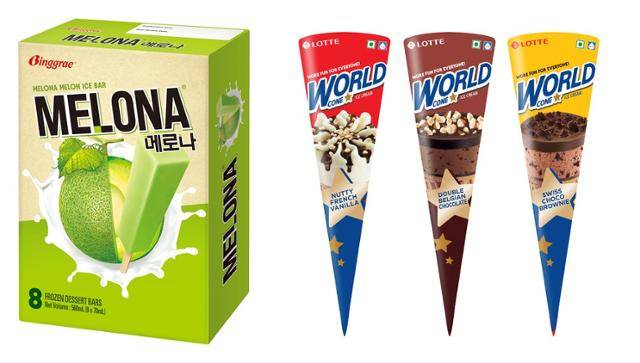 빙그레 메로나 수출 제품(왼쪽)과 인도에서 판매 중인 롯데웰푸드의 월드콘 사진. 각 사 제공