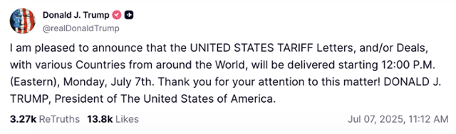 도널드 트럼프 미국 대통령이 사회관계망서비스(SNS) 트루스소셜에 7일부터 관세 서한을 여러 나라에 보내겠다는 계획을 밝혔다. 트루스소셜 캡처