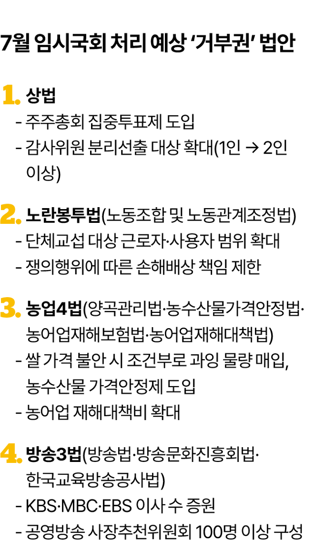 7월 임시국회 처리 예상 ‘거부권’ 법안. 김대훈 기자
