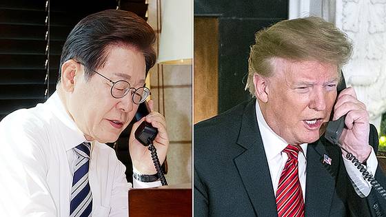 존 볼턴 전 미국 백악관 국가안보보좌관은 4일(현지시간) 중앙일보와의 인터뷰에서 “이재명 대통령과 도널드 트럼프 대통령의 만남은 빠르면 빠를수록 좋다”고 말했다. 사진은 통화 중인 이 대통령과 트럼프 대통령을 나란히 붙인 모습. EPA=연합뉴스