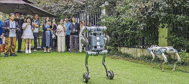 딥로보틱스 4족 보행 로봇 ‘링스(Lynx)’와 ‘X30’이 시연을 보이고 있다. 장애물과 경사, 젖은 바닥까지 구분해 스스로 최적 경로를 찾아 움직인다. (배준희 기자)