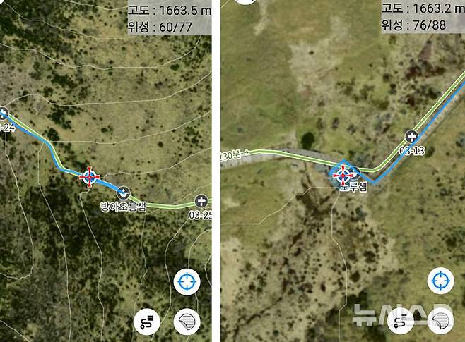 [제주=뉴시스] 임재영 기자 = 6일 오전 한라산국립공원 제2방아샘(왼쪽)과 노루샘의 위치(붉은 색)에 있을 때 캡처한 산길샘 화면으로 고도는 다소 오차가 있을 수 있다. 하지만 정확한 위치정보와 등고선 표시를 감안할 때 2개 샘 모두 해발 1660m 위쪽에 위치하고 있는 것을 확인했다. 2025.07.07. ijy788@newsis.com