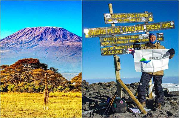 킬리만자로산. (왼쪽) 아프리카에서 제일 높은 해발 5,895m 산이다. 정상의 빙하가 계속 줄어들고 있어 기후변화에 대한 경종을 울리고 있다. 사진 스테판 베커트. (오른쪽) 킬리만자로 정상에 오른 국립공원 레인저 손영조.