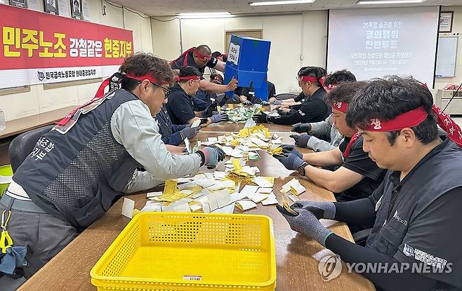 HD현대중공업 노조, 파업 찬반투표 개표 (울산=연합뉴스) HD현대중공업 노조가 4일 노조 대회의실에서 올해 임협 난항에 따른 전체 조합원 파업 찬반투표를 개표하고 있다.  2025.7.4 [HD현대중공업 노조 제공. 재판매 및 DB 금지] canto@yna.co.kr