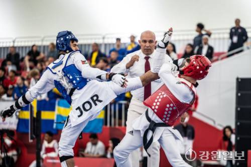 춘천 2024 세계태권도주니어선수권대회에서 각국 선수들이 기량을 겨루고 있다.