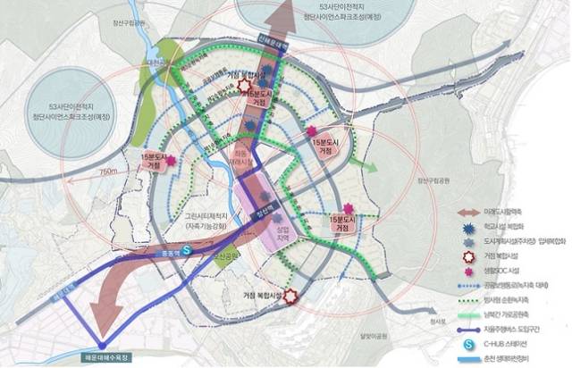 부산 해운대 신시가지(그린시티)와 화명금곡신도시 등 두 곳의 노후계획도시 정비를 위한 선도지구 5700호 공모가 시작된다. 사진은 해운대지구 기본계획안. 국토부 제공