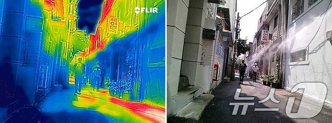 8일 오후 서울 용산구 동자동 쪽방촌에서 쿨링포그가 가동되는 골목을 열화상카메라로 촬영한 모습. 쿨링포그의 영향을 거의 받지 앉는 2층과 온도차가 크게 나타나고 있다. 이날 오후 2시쯤 서울 기온은 37.1도까지 오르면서 7월 상순 기온으론 역대 최고치를 기록했다. 2025.7.8/뉴스1 ⓒ News1 구윤성 기자