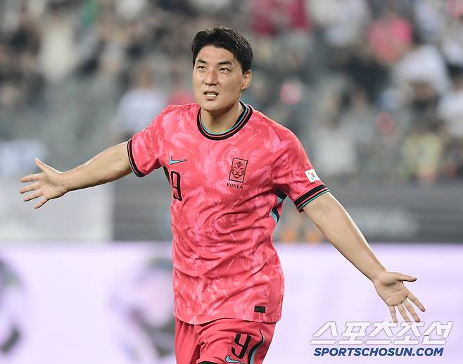 7일 축구대표팀이 용인미르스타디움에서 동아시안컵 중국과 첫 경기를 펼쳤다. 전반 2-0 추가골을 성공시킨 주민규. 용인=송정헌 기자songs@sportschosun.com/2025.07.07/