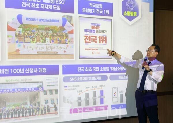 명현관 해남군수가 지난 7일 화원면에서 열린 해남愛 미래 공감 투어에서 이야기를 하고 있다. /사진-해남군