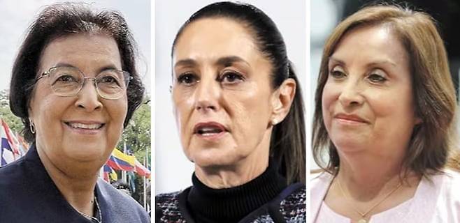 왼쪽부터 예니퍼르 헤이를링스시몬스 수리남 대통령 당선인, 클라우디아 셰인바움 멕시코 대통령, 디나 볼루아르테 페루 대통령./AFP·EPA 연합뉴스
