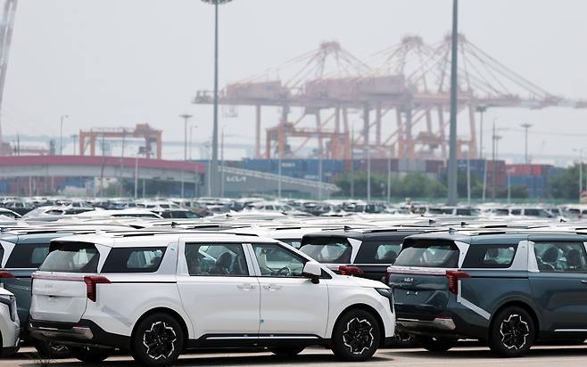 경기 평택시 포승읍 평택항에 수출용 차량들이 세워져 있는 모습. /뉴스1