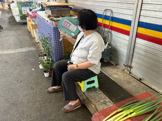 서구 한민시장에서 노점을 운영하는 지모(80대) 씨가 8일 오후 부채질을 하며 더위를 식히고 있다. 유혜인 기자