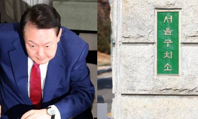 윤석열 전 대통령이 5일 오전 2차 특검조사를 받기 위해 특검 사무실이 있는 서울 서초동 서울고등검찰청으로 출석하고 있다. 오른쪽은 서울구치소 정문. 공동취재사진, 연합뉴스