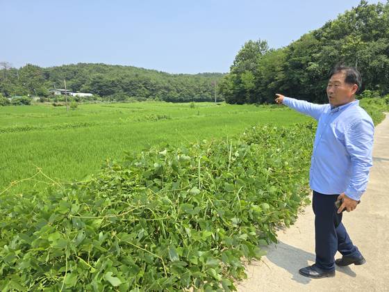 김진규 대룡마을 이장이 7일 풍산 부산공장이 들어서게 될 부지를 가르키고 있다. 이은지 기자