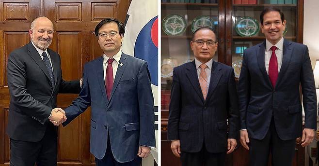 방미 중인 통상·안보 사령탑 여한구 산업통상자원부 통상교섭본부장(왼쪽 사진의 오른쪽)이 7일(현지시간) 미국 워싱턴 상무부 청사에서 하워드 러트닉 상무부 장관과 면담 기념 촬영을 하고 있다. 위성락 국가안보실장(오른쪽 사진의 왼쪽)과 마코 루비오 미국 국무장관 겸 국가안보보좌관이 7일(현지시간) 미국 워싱턴에서 열린 한·미 안보실장 협의에서 기념촬영을 하고 있다.  산업부·대통령실 제공