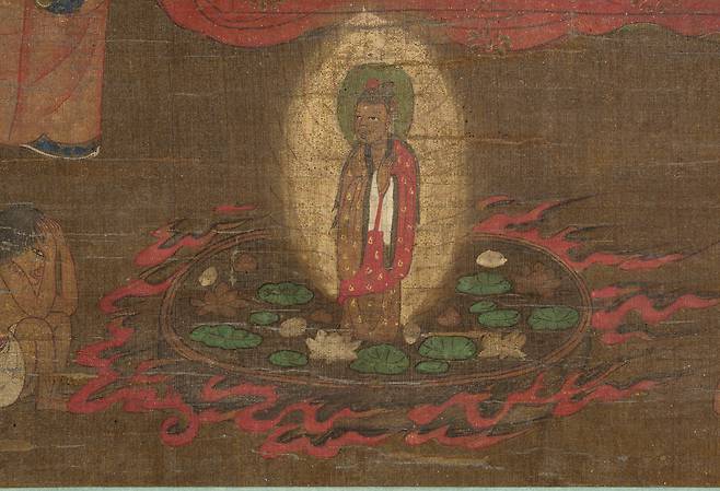 The sixth painting of the ″Ten Underworld Kings″ painting set, featuring King Byeonseong, depicting the theme of rebirth through a lotus flower. [KOREA HERITAGE SERVICE]