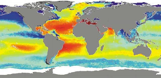 해수면 연평균 염분 분포도. 바닷물 속 소금성분(염분)은 강수, 증발, 강물 유입, 극지 얼음의 영향 등 물 순환 요소들과 밀접하게 연결돼 있다. 유럽우주국(ESA) 홈페이지