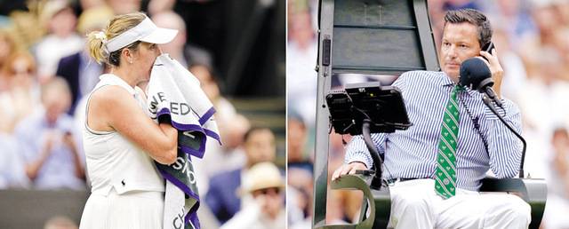 6일(현지시간) 영국 런던 올잉글랜드클럽에서 열린 아나스타샤 파블류첸코바가 소네이 카텔과의 윔블던 여자 단식 16강전에서 주심의 판정을 기다리고 있다. 오른쪽 사진은 경기에서 주심이 판독실에 공의 아웃 여부를 확인하고 있는 모습이다. AP뉴시스