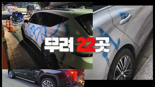 서울 곳곳을 누비며 은행 ATM, 주차된 자동차, 엘리베이터 내부 등에 '래커(락카) 테러'를 벌인 남성의 체포 영상이 공개됐다. /사진=유튜브 채널 '서울경찰' 갈무리