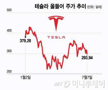 테슬라 올들어 주가 추이/그래픽=윤선정