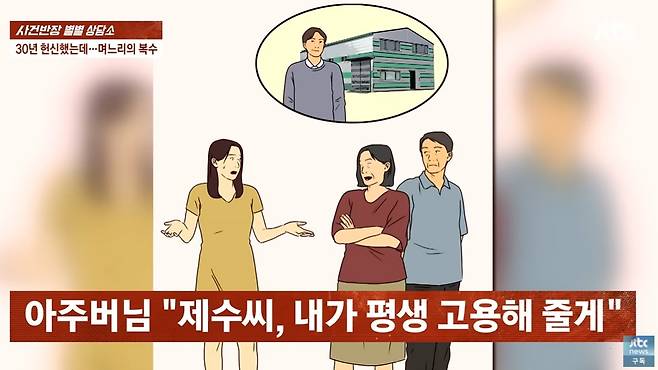 김치 공장을 물려준다는 시부모 말에 30년간 공장에서 열심히 일한 며느리가 끝내 경영권을 받지 못하자, 직접 김치 가게를 차려 시댁 공장과 경쟁에 나선 사연이 소개됐다. /사진=JTBC '사건반장' 캡처