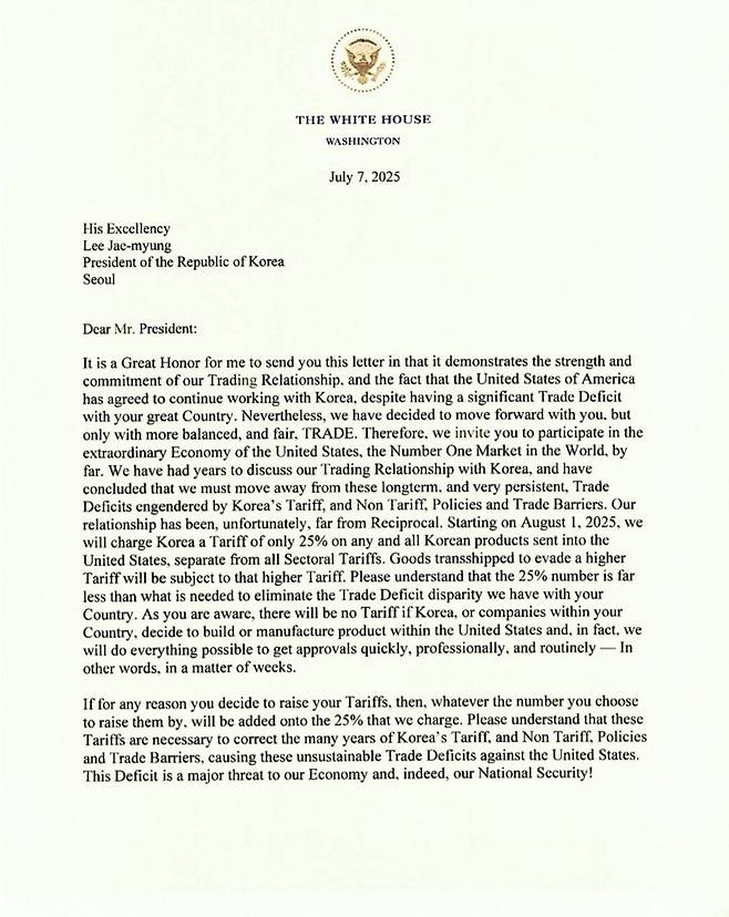 도널드 트럼프 미국 대통령이 7일(현지시간) 한국에 상호관세율을 25%로 새롭게 책정한 서한을 공개했다. [트루스소셜]