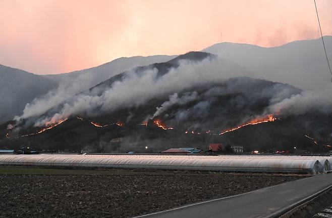 경상남도 산청군 시천면에서 시작된 산불이 하동군 옥종면 두양리 경계지점까지 번져 불타고 있다.[경남도민일보 제공]