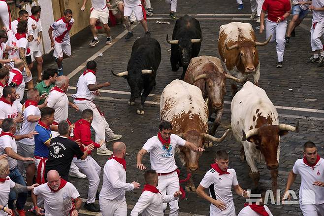 [팜플로나=AP/뉴시스] 7일(현지 시간) 스페인 팜플로나에서 열린 연례 산 페르민 축제 중 황소와 달리기(엔시에로) 참가자들이 골목길을 달리고 있다. 2025.07.07.