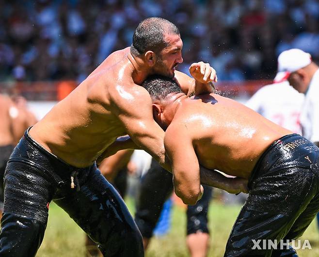 [에디르네=신화/뉴시스] 5일(현지 시간) 튀르키예 에디르네에서 열린 제664회 오일 레슬링 대회에서 참가자들이 경쟁하고 있다.대회에 참가한 참가자들은 상의를 벗고 가죽바지만 착용한 채 온몸에 올리브 오일을 발라야 한다. 상대의 등이 바닥에 닿으면 승리한다. 2025.07.07.