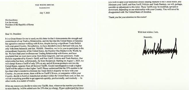 [서울=뉴시스] 도널드 트럼프 미국 대통령이 7일(현지 시간) 이재명 대통령에게 보낸 상호 관세 25% 통보 및 추가 협상 의향에 대한 서한.(사진= 트럼프 대통령 트루스소셜) 2025.07.08. *재판매 및 DB 금지