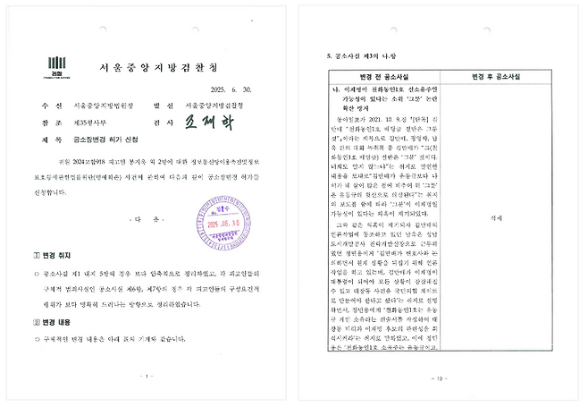 ‘뉴스타파 v. 윤석열’ 사건 봉지욱 기자 공소장변경 허가 신청서 첫 장과 변경 내용 중 일부 화면 캡처.