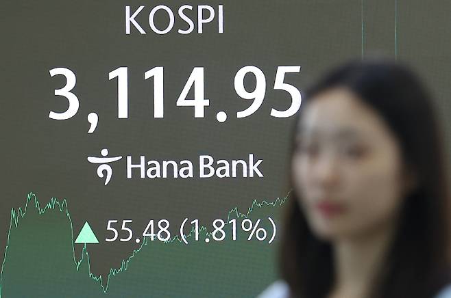 코스피가 3110대를 회복하며 장을 마감한 8일 서울 중구 하나은행 본점 딜링룸에 코스피, 코스닥지수 및 환율이 표시돼 있다. 연합뉴스