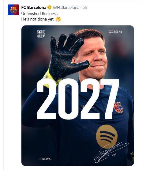 슈쳉스니와 계약 연장 소식을 전한 바르셀로나. [FC바르셀로나 SNS. 재판매 및 DB 금지]