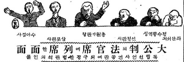 동아일보 1920년 9월 24일 신문에서 보도한 3·1운동 지도자들의 독립 선언(공소불수리) 사건 항소심 재판 기사에서 사건을 맡은 판사, 검사들의 모습을 그린 삽화. 기사 내용을 고려하면 우스꽝스럽게 희화화한 모습으로 보인다. 출처/동아일보