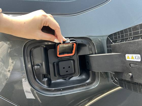 The outdoor vehicle-to-lad function allows a direct 220-volt outlet with no adapter needed. [SARAH CHEA]