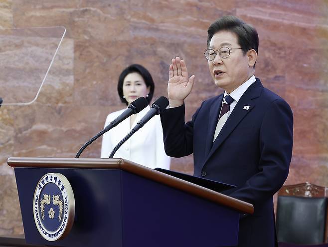 President Lee Jae-myung attends his inauguration ceremony at the National Assembly in Yeouido, western Seoul, on June 4. [JOINT PRESS CORPS]