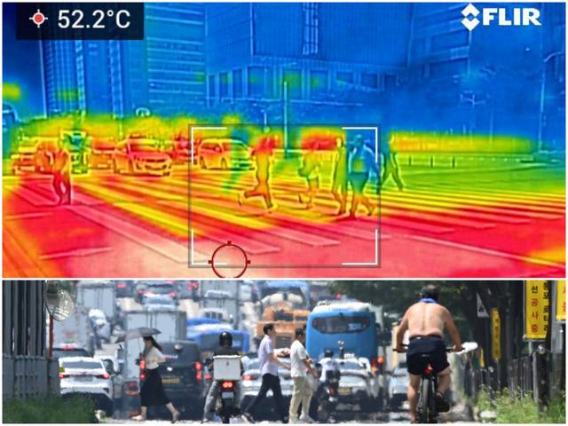 열화상카메라로 찍은 서울 여의도환승센터 인근 건널목 아스팔트의 온도가 8일 52.2도로 표시돼 있다. 사진은 온도가 높을수록 붉게, 낮을수록 푸르게 나타나며 최고 온도가 사진 좌측 상단에 표시된다. 아래 사진은 윗옷을 벗고 자전거를 탄 시민, 양산을 쓴 여성 등이 뜨겁게 달아오른 건널목을 지나가는 모습. 윤웅 기자