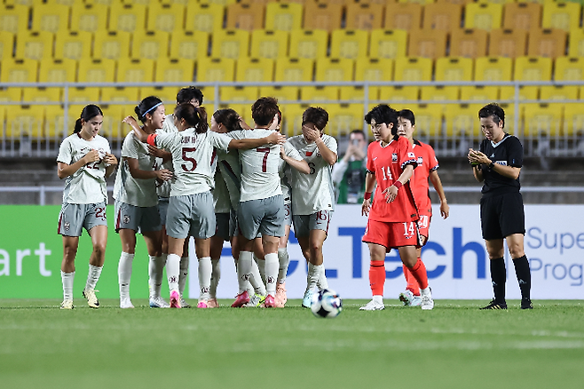 득점 후 기뻐하는 중국 여자 대표팀 선수들. 사진=연합뉴스