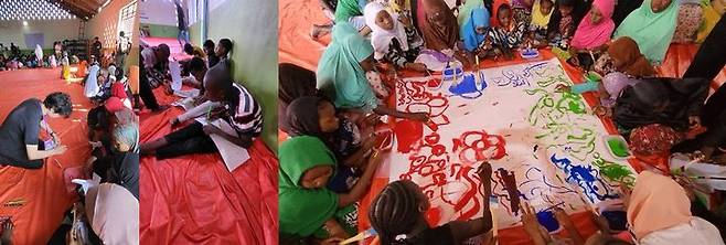 [사진=박현주 미술전문기자[ AIF홍보대사 유준상이 펨바 CDP센터 아이들과 미술수업에 참여하고 있다. *재판매 및 DB 금지