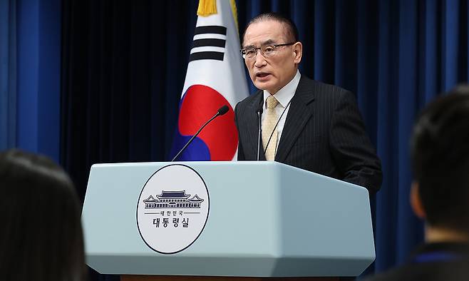 위성락 국가안보실장이 9일 서울 용산 대통령실 청사에서 2박 3일간의 방미 일정 성과와 관련해 브리핑하고 있다. 대통령실사진기자단