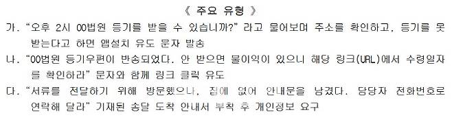 법원행정처가 전국 법원 및 지원에 안내한 법원 사칭 보이스피싱 주요 유형 3가지 (자료: 법원행정처)