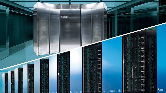 IBM의 양자컴퓨터 '퀀텀 시스템 투(위)'와 일본 이화학연구소의 수퍼컴퓨터 '후가쿠(아래)'. 시스템 투와 후가쿠는 지난달 일본 이화학연구소의 한 건물 내에 함께 배치돼 '하이브리드 양자컴퓨터'로서 작동하고 있다.