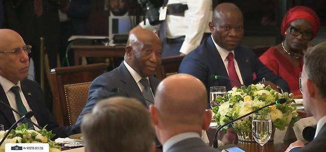 조지프 보아카이 라이베리아 대통령. 트럼프 대통령이 영어 구사 능력을 칭찬한 직후 보아카이 대통령이 지은 표정이다. 백악관 페이스북 갈무리