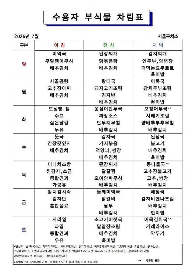 윤석열 전 대통령이 재구속된 10일, 그의 수감 장소인 서울구치소의 7월 식단표. 온라인 커뮤니티 캡처