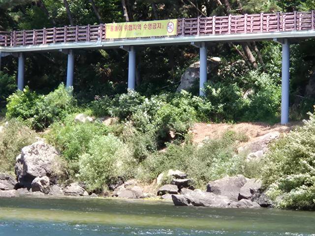 9일 20대 4명이 물놀이를 하다 사망한 충남 금산군 제원면 천내리 원골유원지의 데크 산책로에 '물놀이 금지' 현수막이 걸려 있다. 금산=최두선 기자