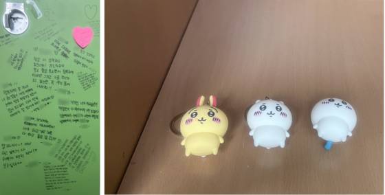 지난달 21일 세상을 떠난 브니엘예고 2학년 A양의 사물함. 친구들이 인형과 추모의 글을 적어 놓았다. 독자 제공