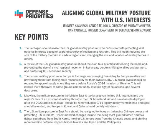 피트 헤그세스 미국 국방장관 수석 고문을 지낸 국방 전문가 댄 콜드웰과 미 싱크탱크 ‘국방 우선순위(Defense Priorities)’의 제니퍼 캐버노 선임연구원이 9일(현지시간) 함께 펴낸 보고서 ‘미 국익에 부합하는 글로벌 군사태세 조정’ 표지. 사진 ‘국방 우선순위’ 홈페이지 캡처