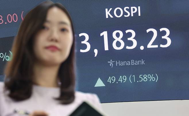 10일 오후 서울 중구 하나은행 본점 딜링룸 전광판에 증시가 표시되고 있다. 사진=뉴스1