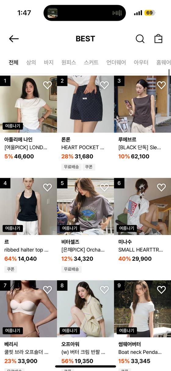 Local fashion retailer 29CM's best seller category, listing contemporary designer label based in Korea [SCREEN CAPTURE]